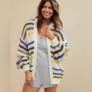 Aerie Knit Oversized Sweater Cardigan Sz M Ivory striped Colorful New Open Front